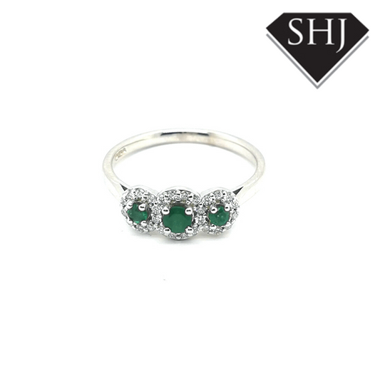 9ct White Gold Emerald and Diamond 3 stone Ring