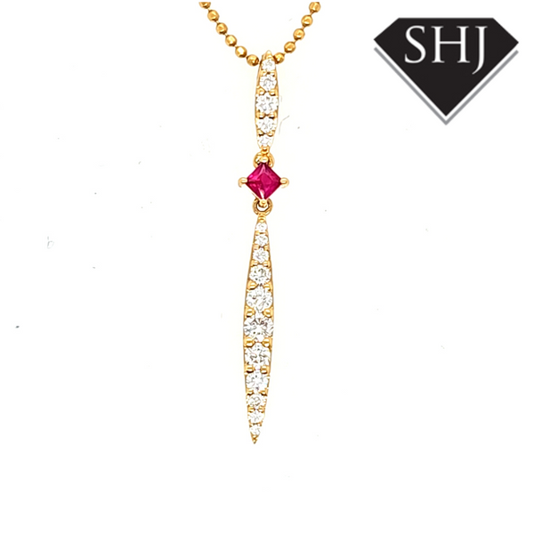 18ct Yellow Gold Flare Diamond and Ruby Pendant