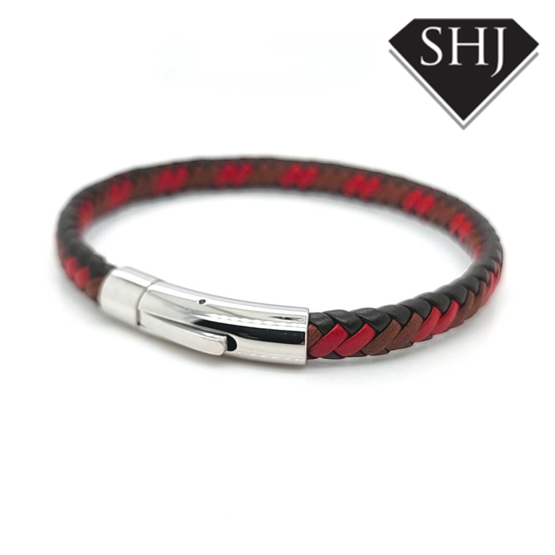 Red/Brown/Black Leather Pleated Bracelet