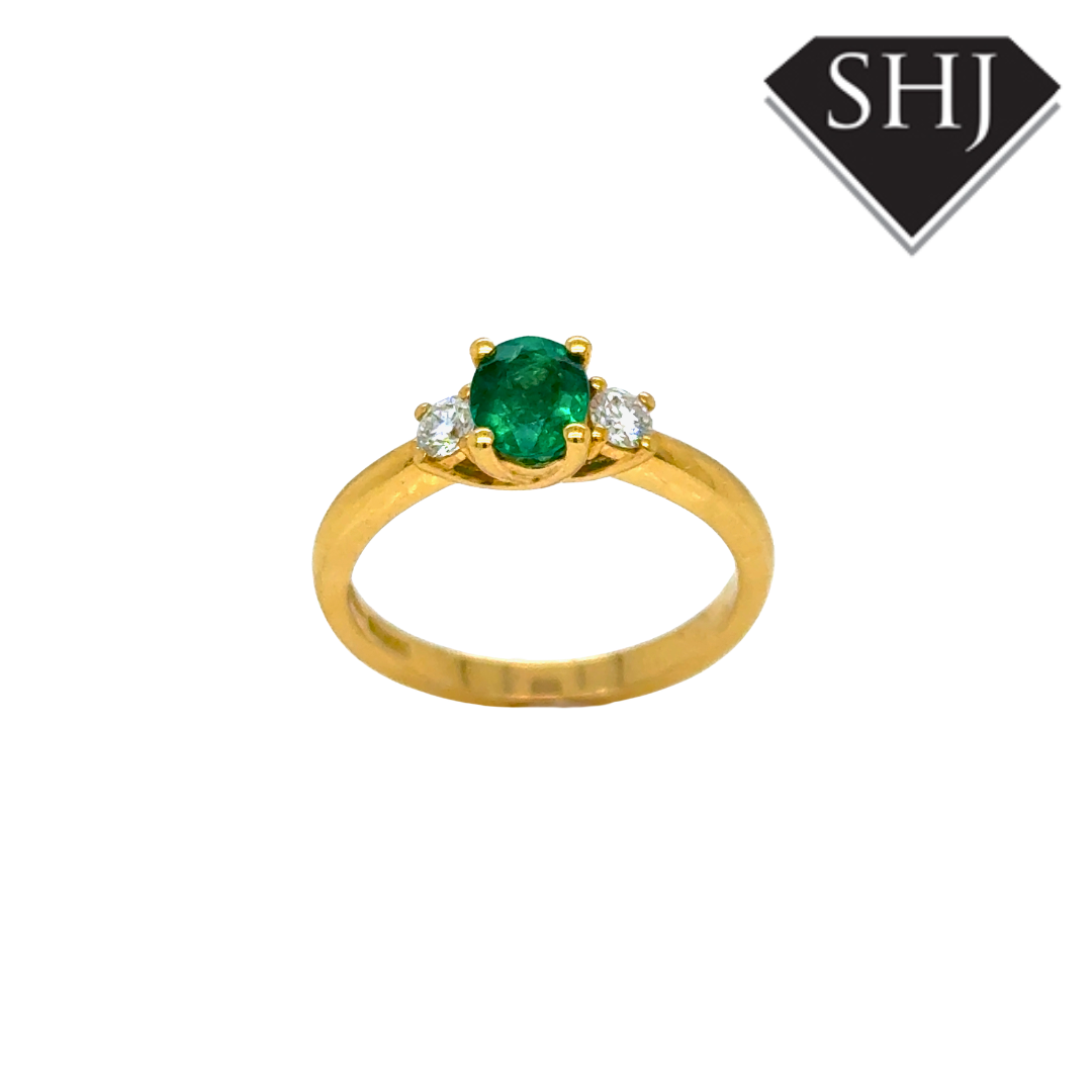 18ct Yellow Gold 3 Stone Emerald and Diamond Ring