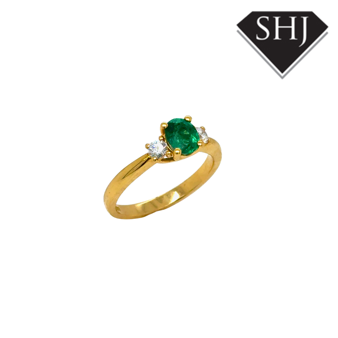 18ct Yellow Gold 3 Stone Emerald and Diamond Ring