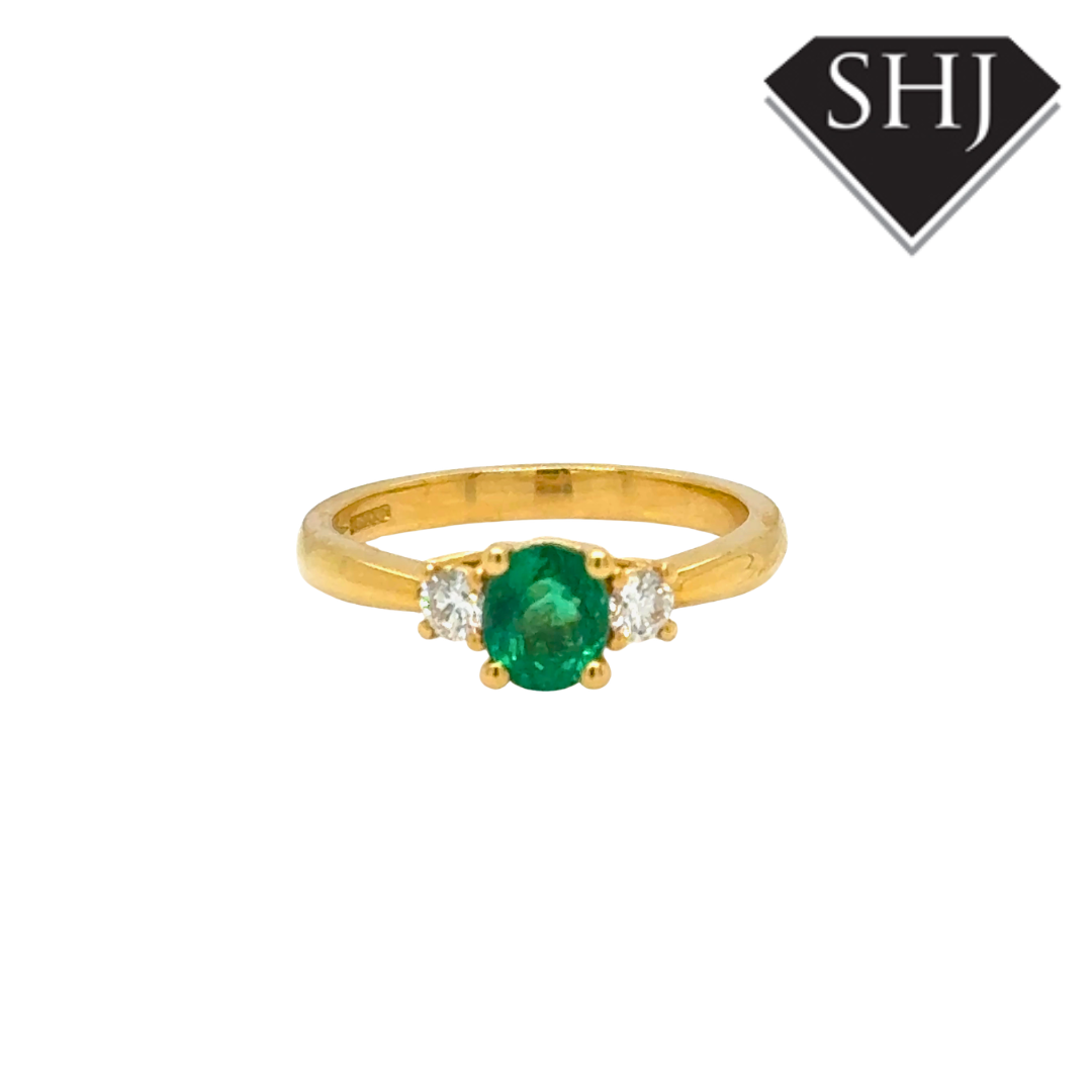 18ct Yellow Gold 3 Stone Emerald and Diamond Ring