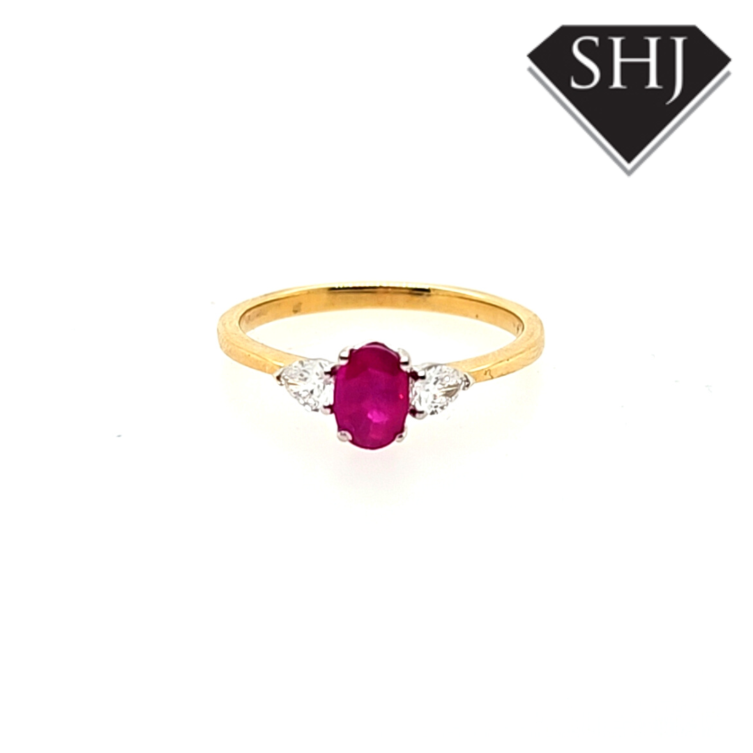 18ct Yellow Gold/White Gold Oval Ruby and Pear Diamond Ring