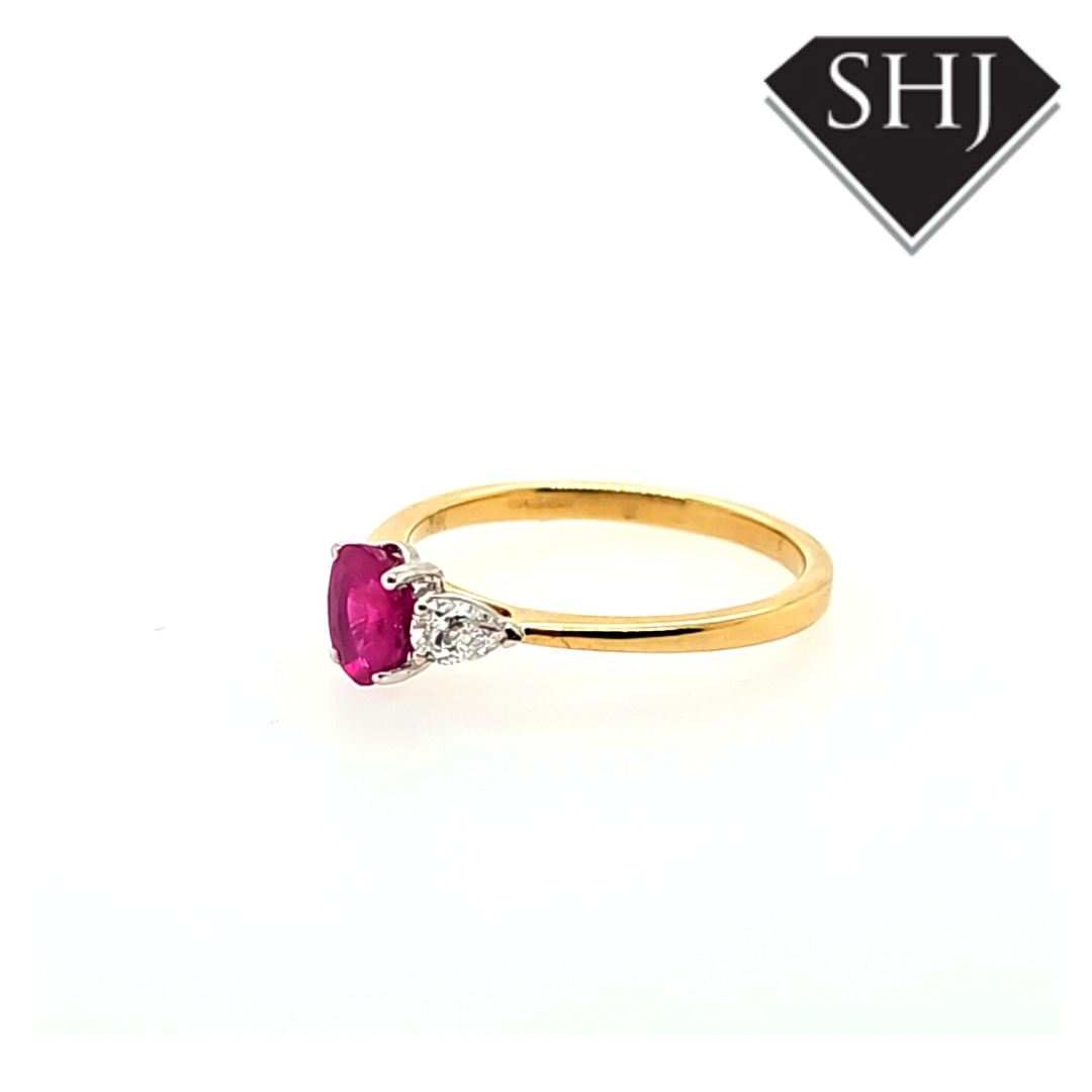 18ct Yellow Gold/White Gold Oval Ruby and Pear Diamond Ring