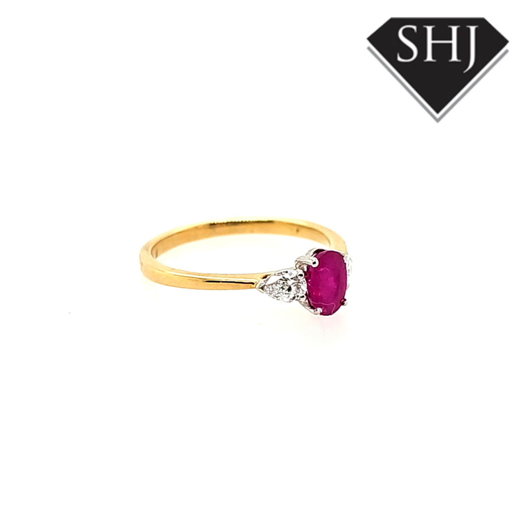 18ct Yellow Gold/White Gold Oval Ruby and Pear Diamond Ring