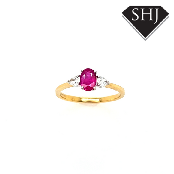 18ct Yellow Gold/White Gold Oval Ruby and Pear Diamond Ring