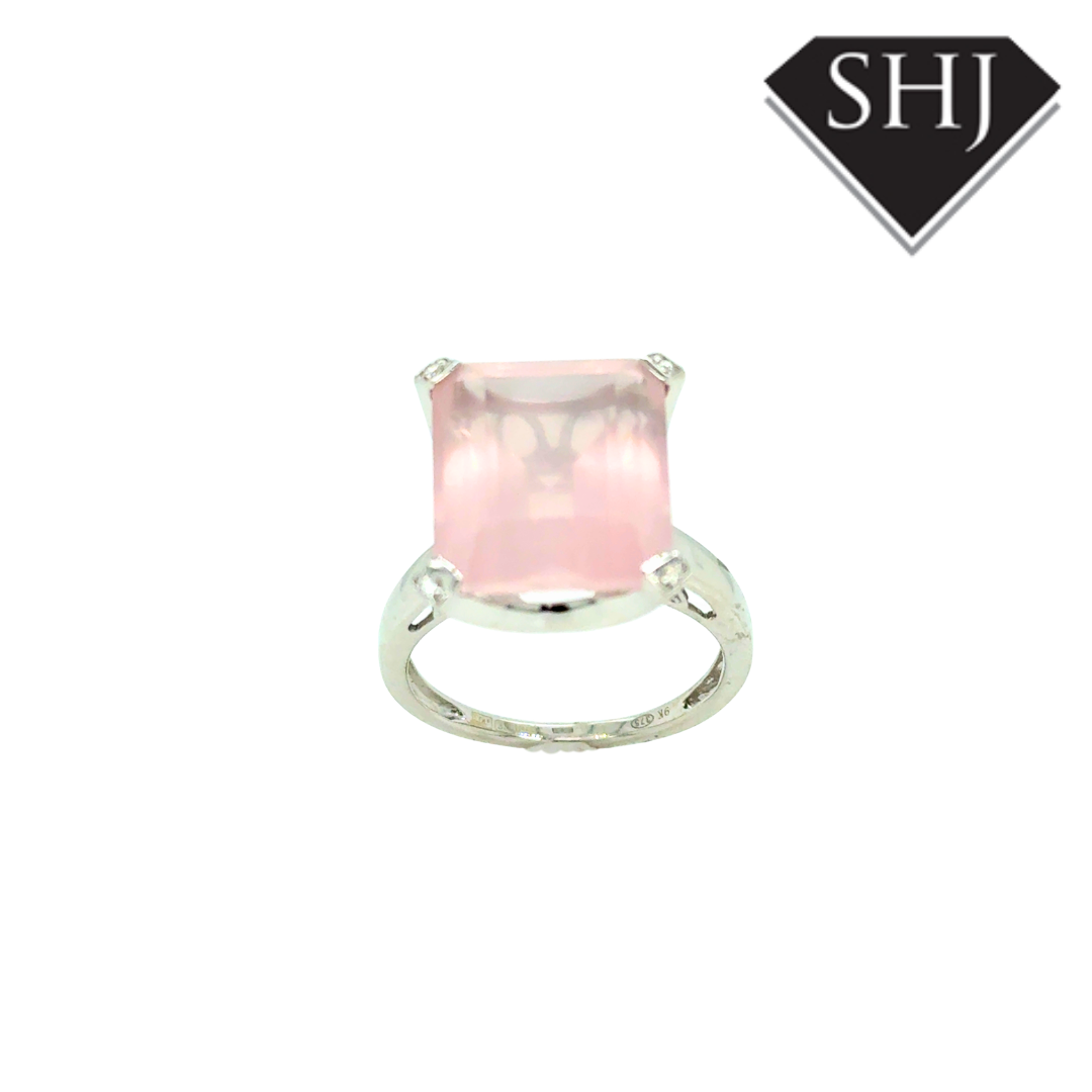 9ct White Gold Pink Quartz & Diamond Ring