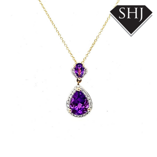 9ct Yellow Gold Amethyst and Diamond Pendant