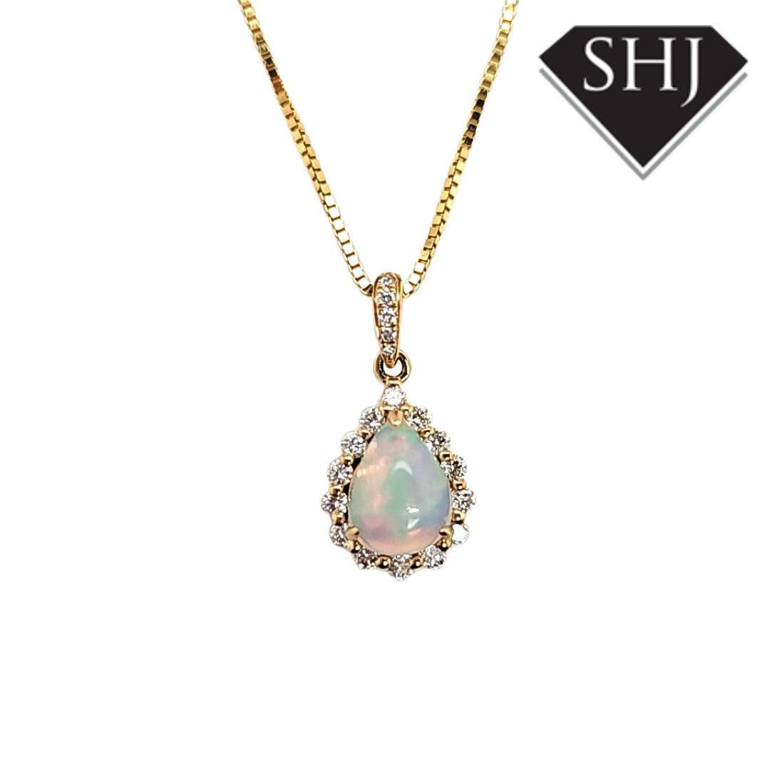 9ct Yellow Gold Opal and Diamond Pendant