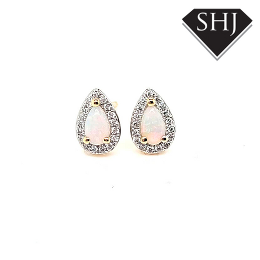 9ct Yellow Gold Opal and Diamond Earrings