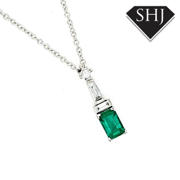 18ct White Gold Emerald and Diamond Pendant