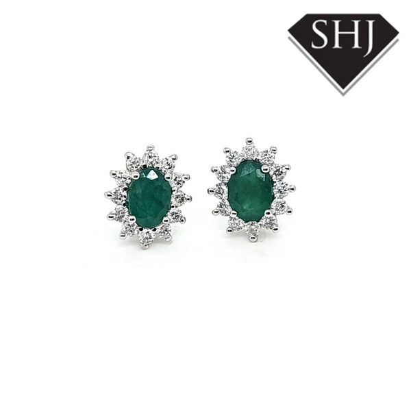 9ct White Gold Diamond and Emerald Earrings