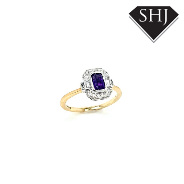 9ct Yellow Gold Amethyst and Diamond Cluster 0.77ct