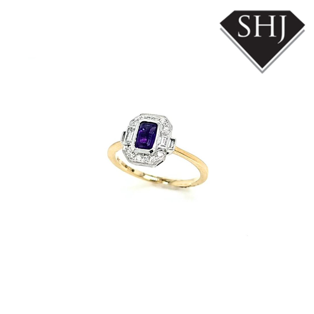 9ct Yellow Gold Amethyst and Diamond Cluster 0.77ct
