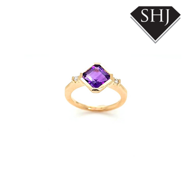 9ct Yellow Gold Amethyst and Diamond Ring