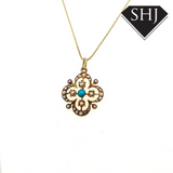 15ct Yellow Gold Turquoise and Seed Pearl Pendant and chain