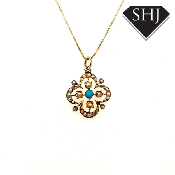 15ct Yellow Gold Turquoise and Seed Pearl Pendant and chain