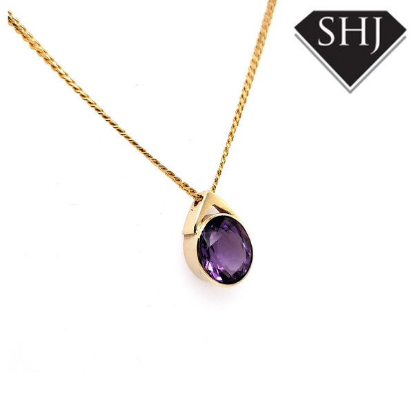 9ct Yellow Gold Amethyst Pendant & 22" Chain