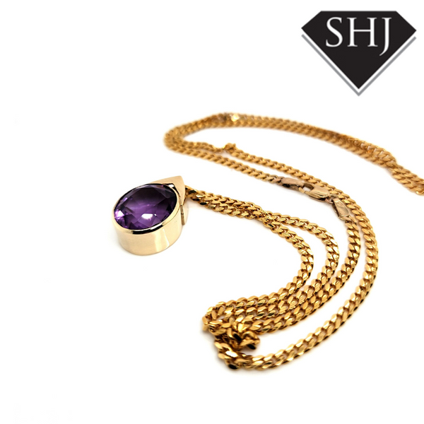 9ct Yellow Gold Amethyst Pendant & 22" Chain