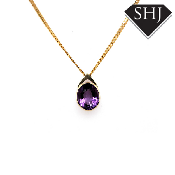 9ct Yellow Gold Amethyst Pendant & 22" Chain