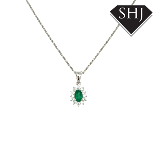 18ct White Gold Emerald and Diamond Pendant
