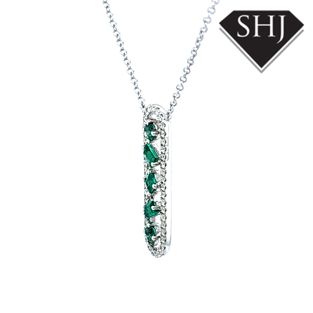 9ct White Gold Diamond and Emerald Pendant