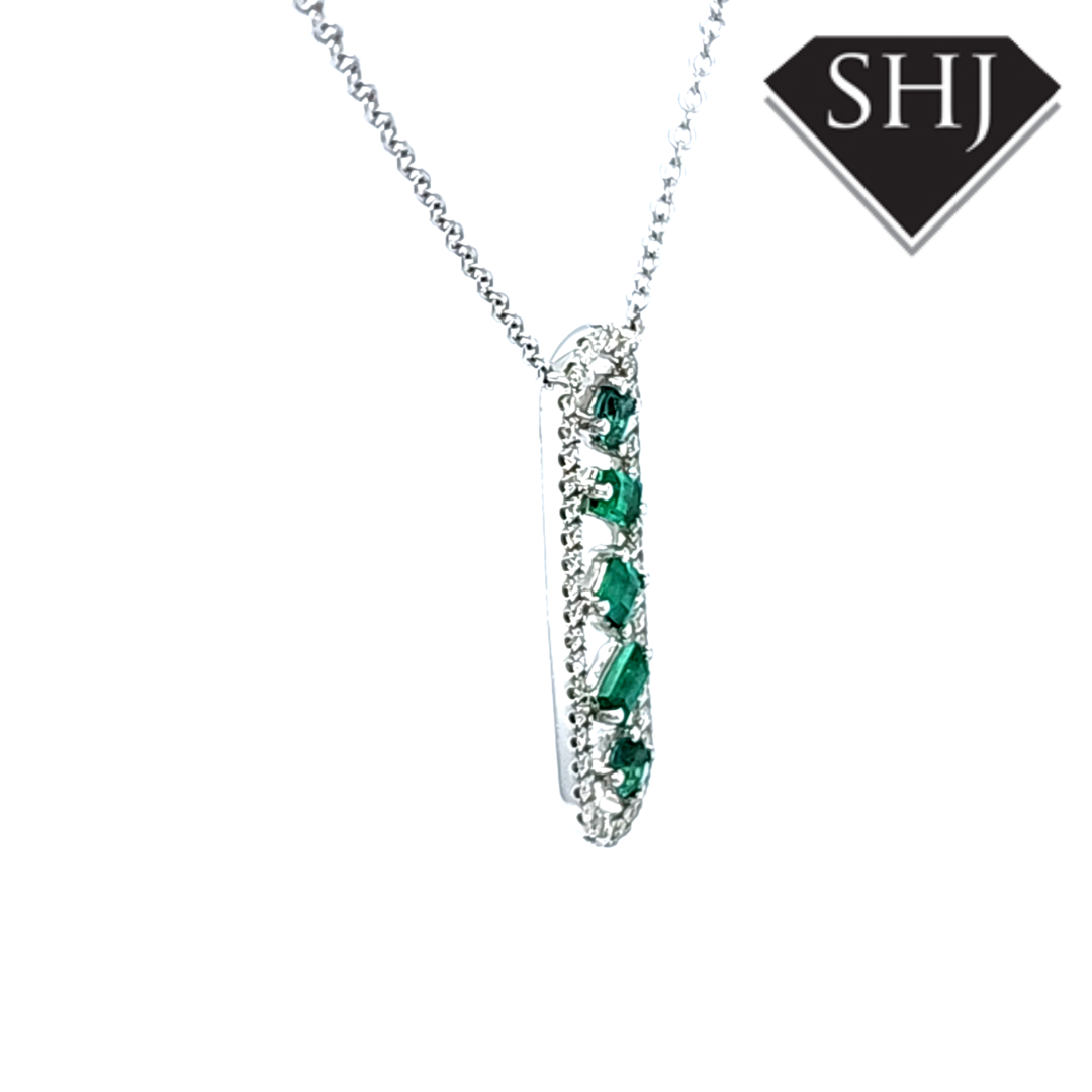 9ct White Gold Diamond and Emerald Pendant
