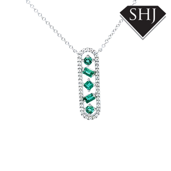 9ct White Gold Diamond and Emerald Pendant