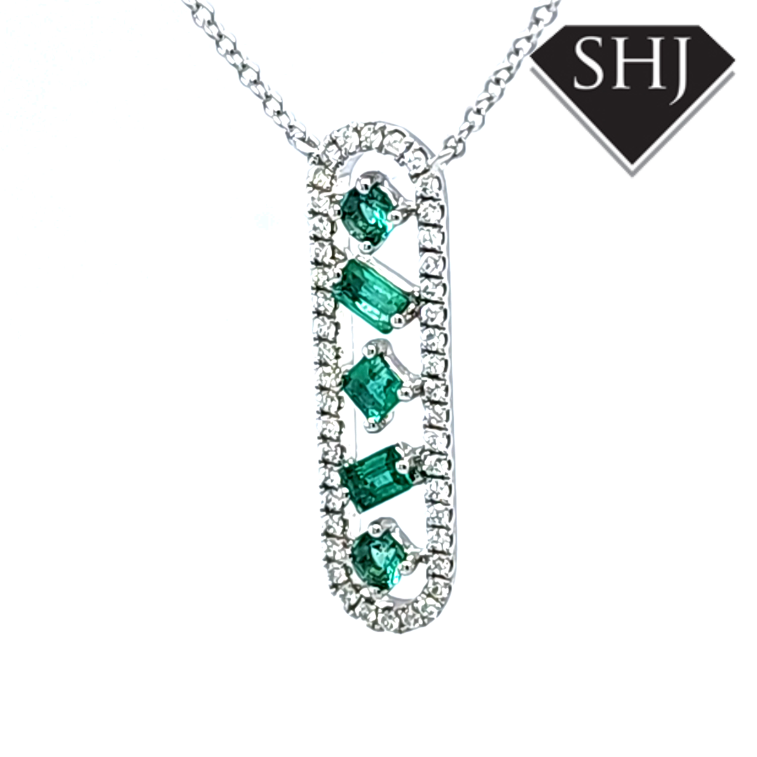 9ct White Gold Diamond and Emerald Pendant