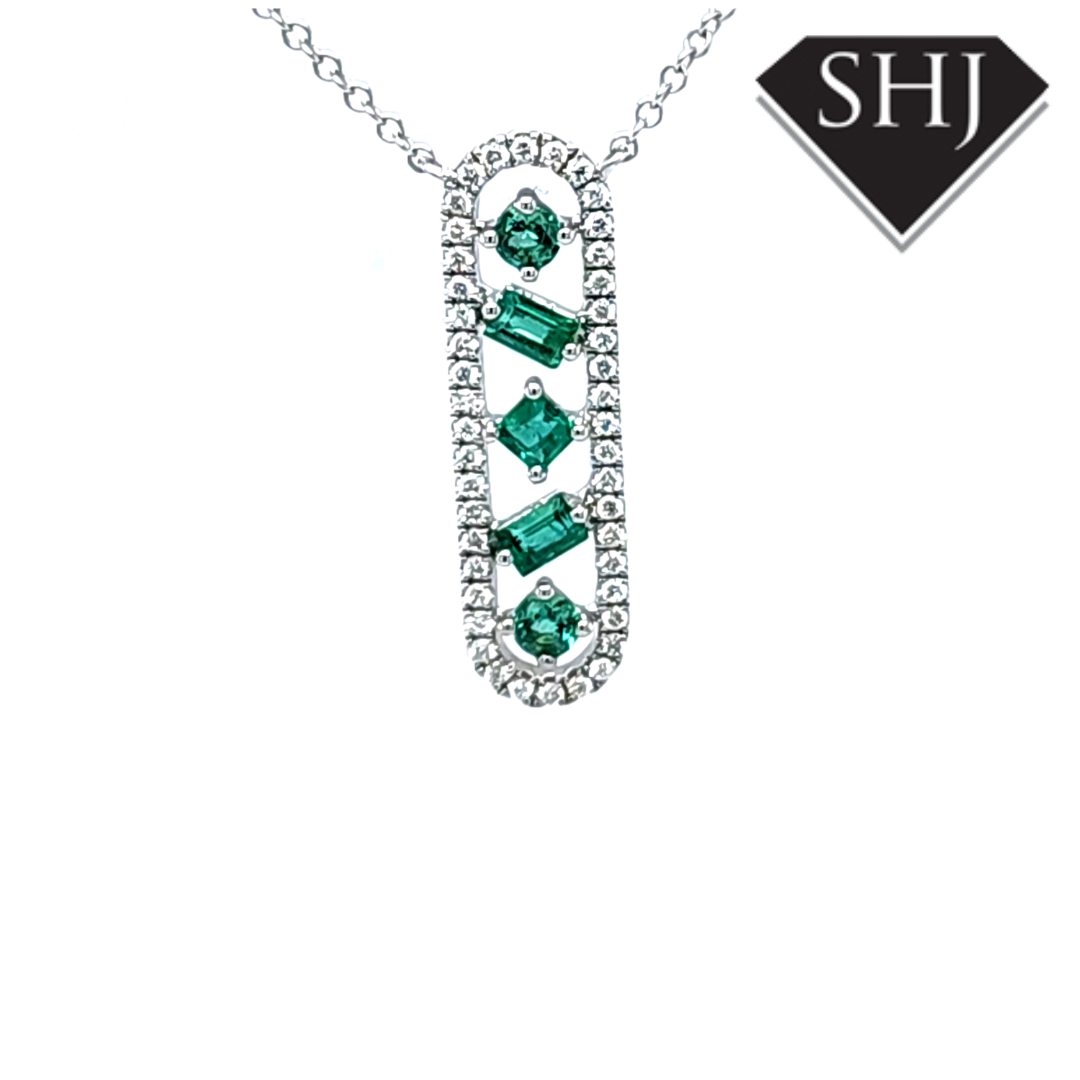 9ct White Gold Diamond and Emerald Pendant