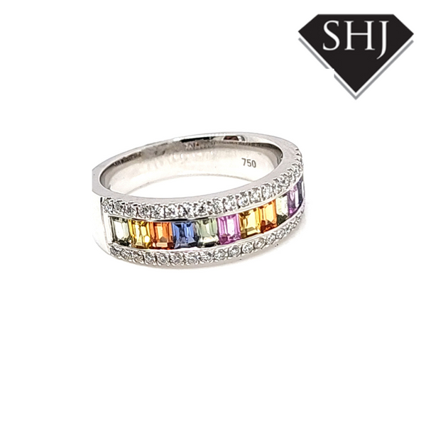 18ct White Gold Multi Colour Sapphire Ring with Diamonds