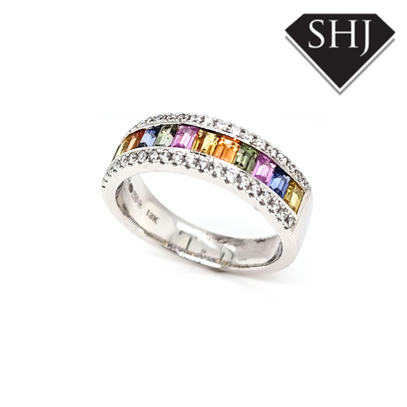 18ct White Gold Multi Colour Sapphire Ring with Diamonds