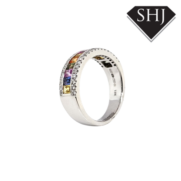 18ct White Gold Multi Colour Sapphire Ring with Diamonds