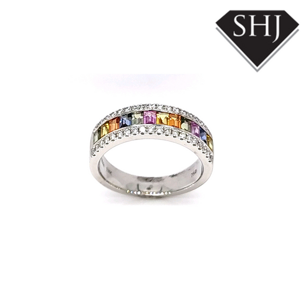 18ct White Gold Multi Colour Sapphire Ring with Diamonds