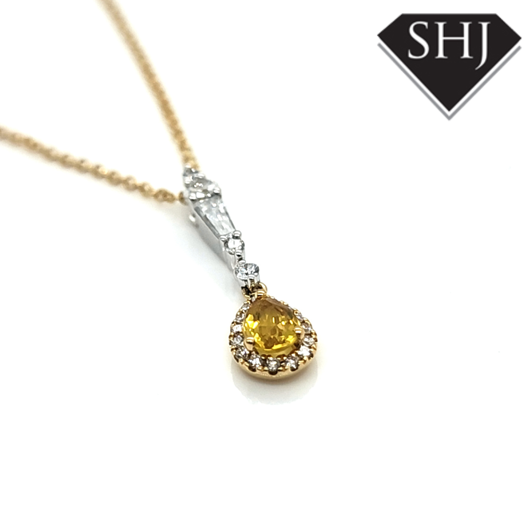 18ct Yellow Gold / White Gold Yellow Sapphire & Diamond Pendant & Chain