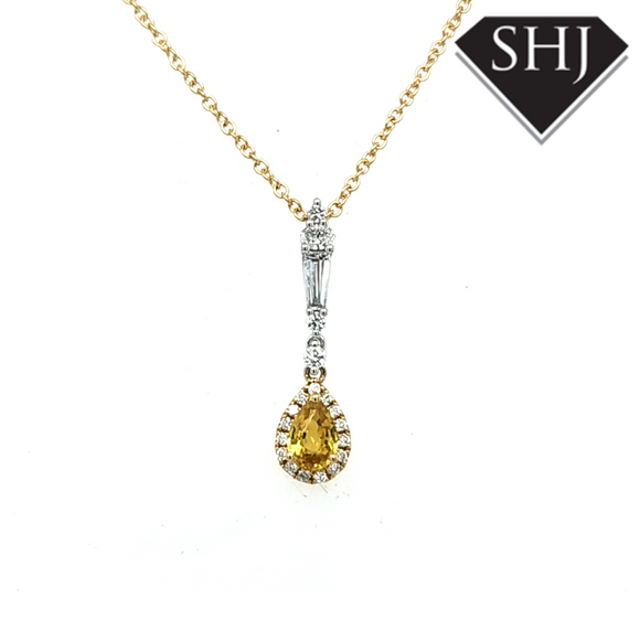 18ct Yellow Gold / White Gold Yellow Sapphire & Diamond Pendant & Chain
