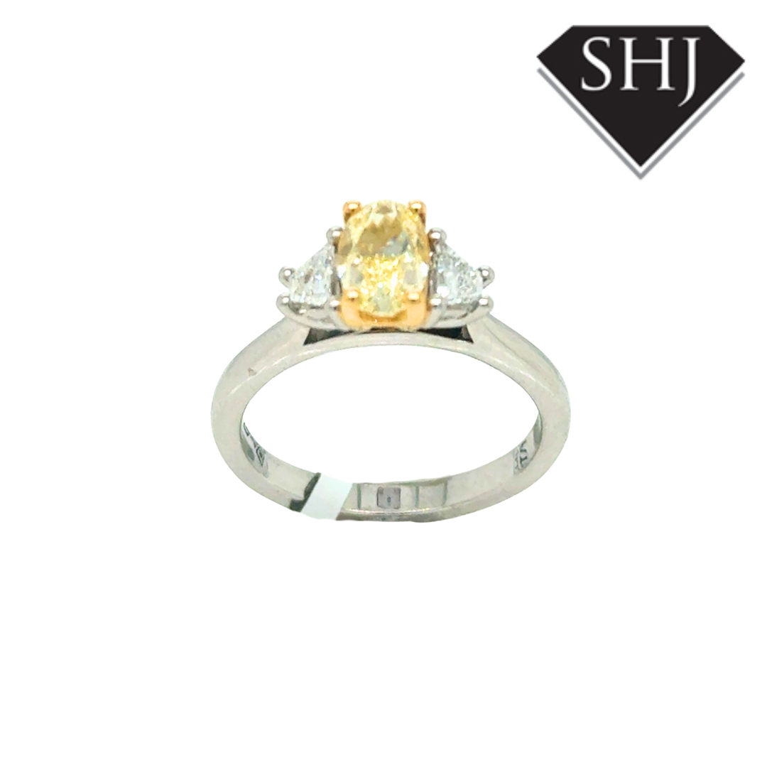 Platinum Natural 0.92ct Yellow Diamond 1.18ct Diamond 3 Stone Ring