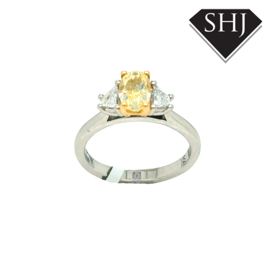 Platinum Natural 0.92ct Yellow Diamond 1.18ct Diamond 3 Stone Ring