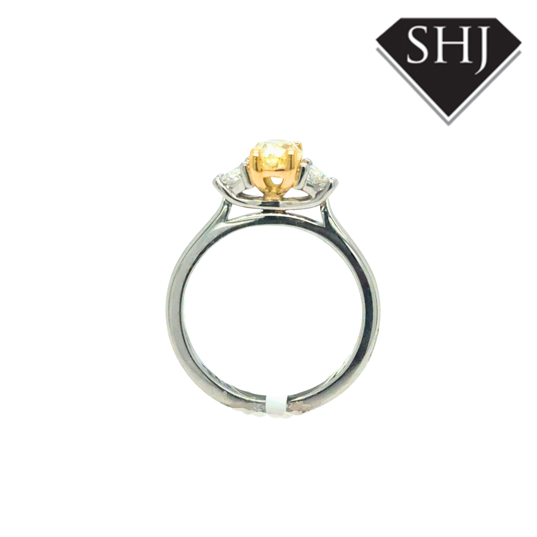 Platinum Natural 0.92ct Yellow Diamond 1.18ct Diamond 3 Stone Ring
