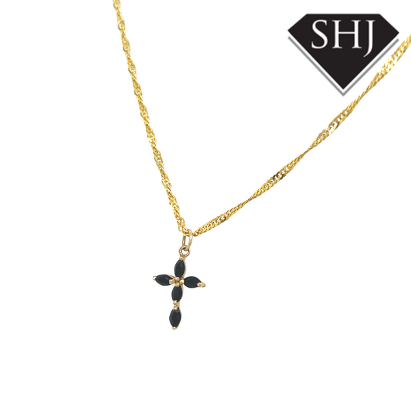 9CT Yellow Gold Sapphire Cross and Chain