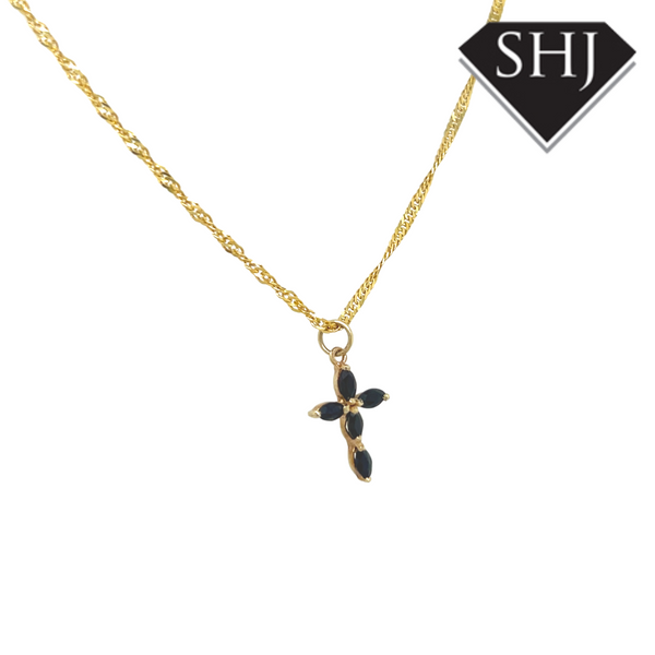 9CT Yellow Gold Sapphire Cross and Chain