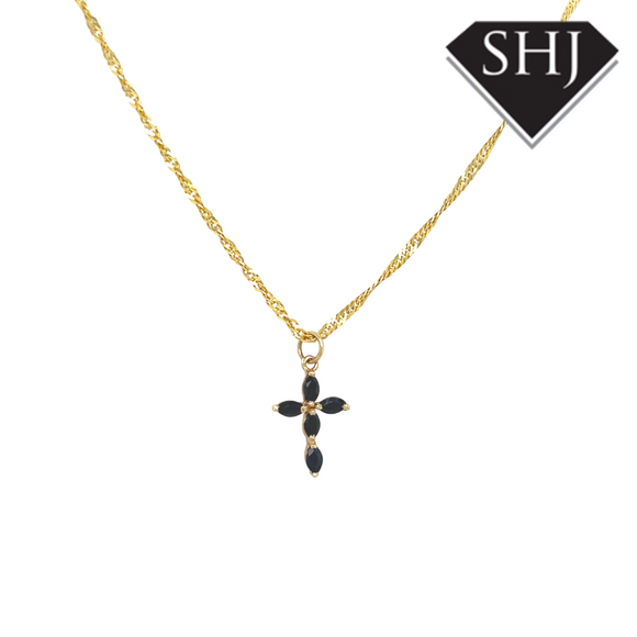 9CT Yellow Gold Sapphire Cross and Chain