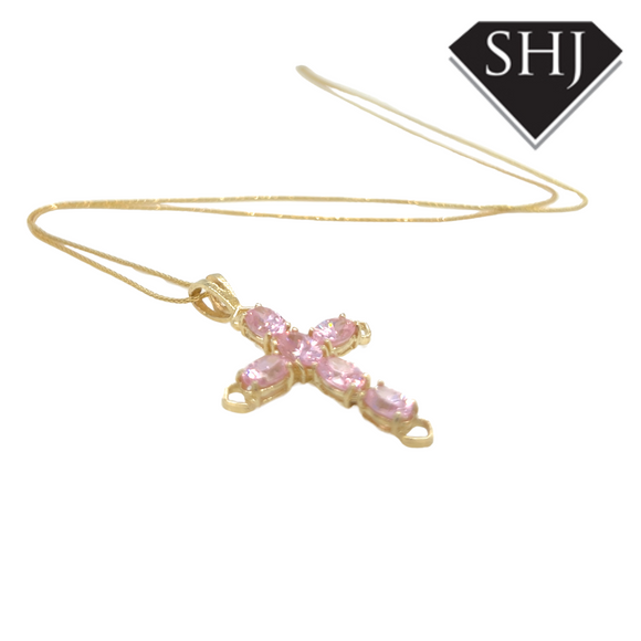 9ct Yellow Gold Pink CZ Cross