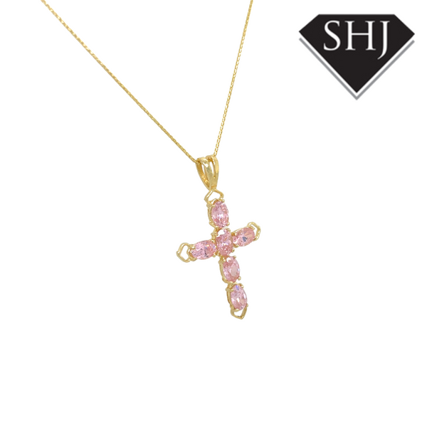 9ct Yellow Gold Pink CZ Cross