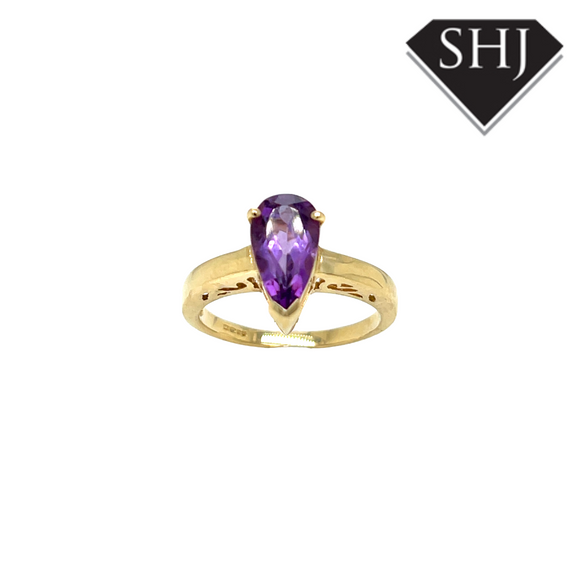 9ct Yellow Gold Pear Amethyst Ring