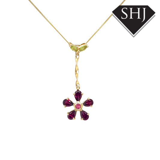 9ct Yellow Gold Garnet and Peridot Pendant and Chain