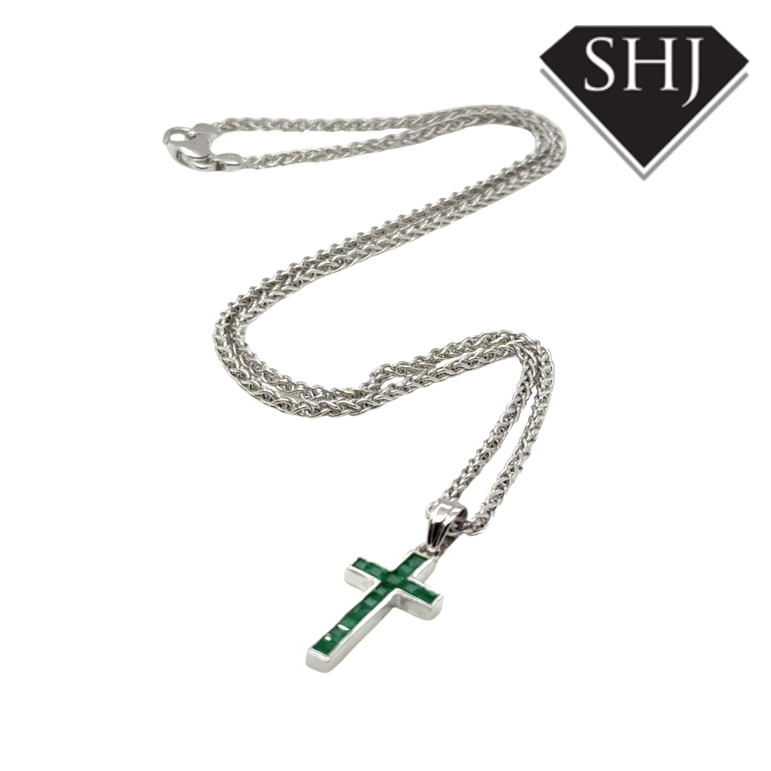 18ct White Gold Emerald Cross & Pendant