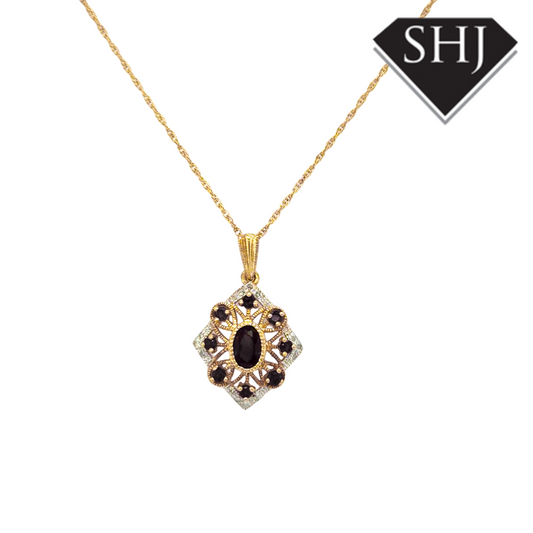 9ct Yellow Gold Garnet & Diamond Cluster Pendant