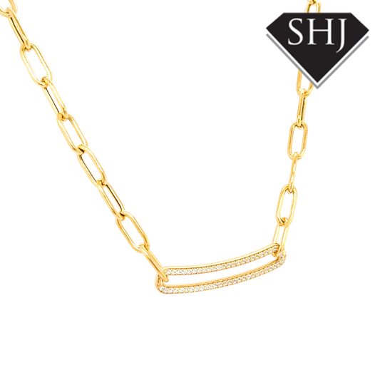 Silver Gold Plated Oval Link CZ Necklace
