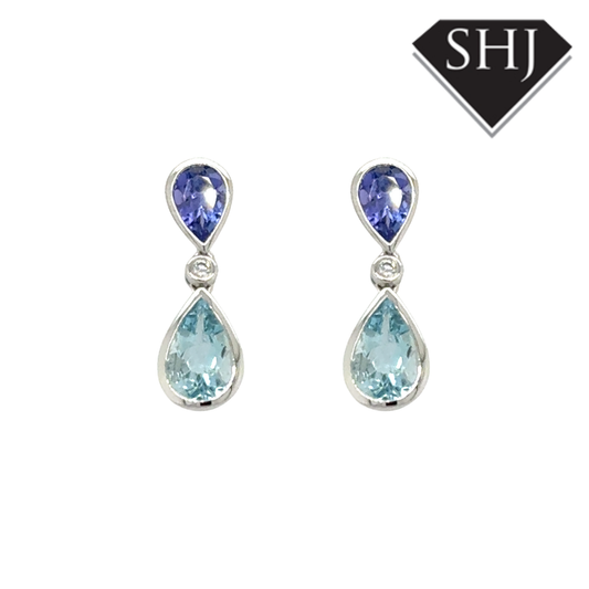 18ct White Gold 1.42ct Aquamarine & 0.72ct Tanzanite Drop Earrings
